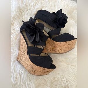 JustFab Black Wedge Sandals with Floral Accent